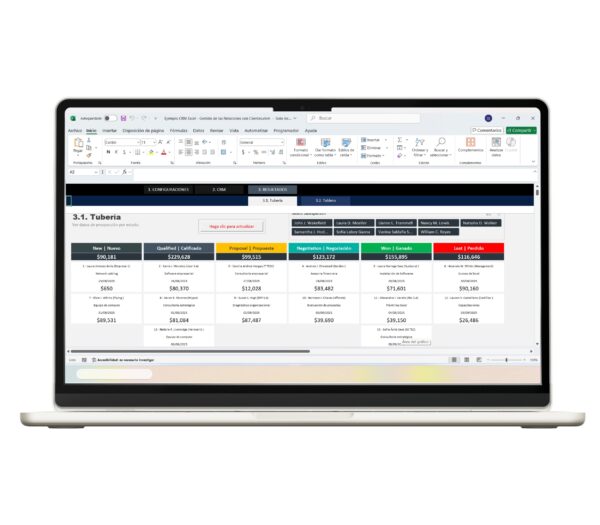 Hoja de Excel con funciones CRM para ventas