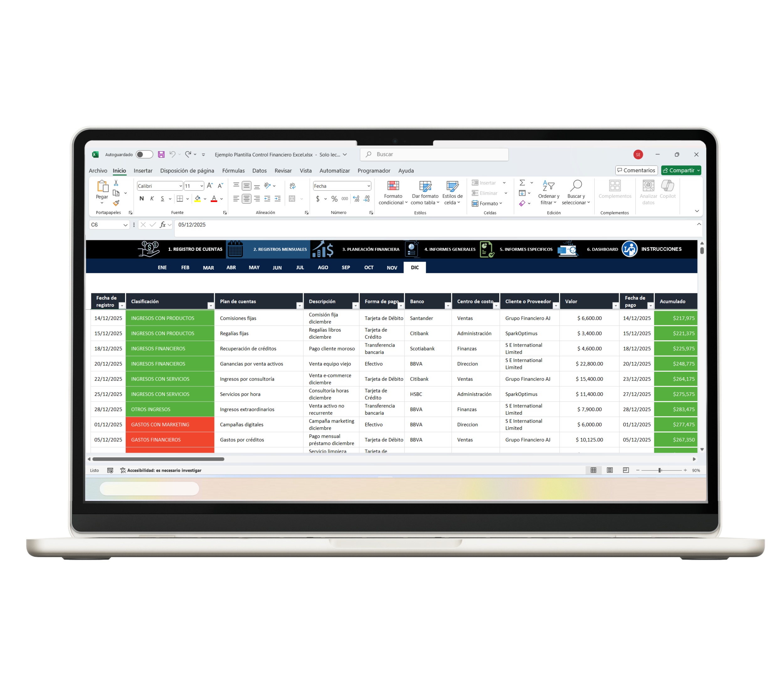 Plantilla de control financiero en Excel para administración eficaz