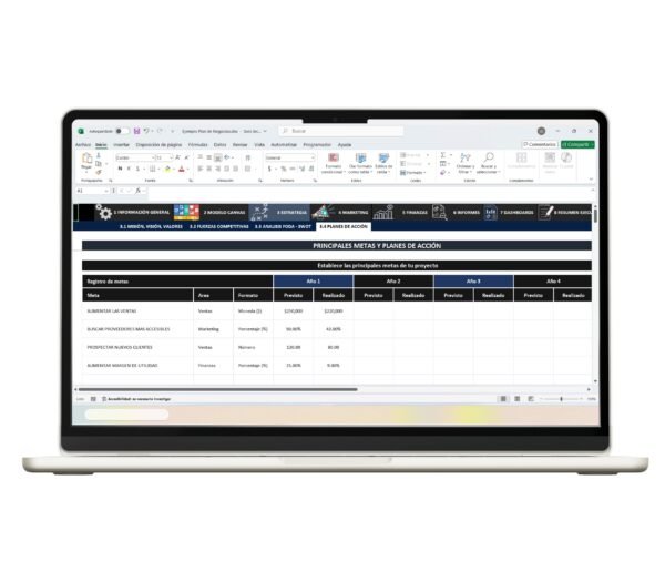 Plan de negocios diseñado en Excel