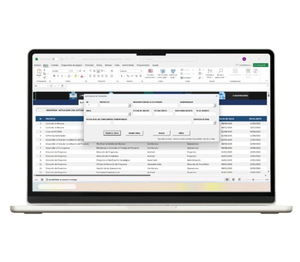 Hoja de cálculo Excel para control de actividades y tareas pendientes