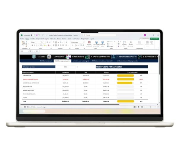 Hoja de Excel con presupuesto de marketing para control financiero