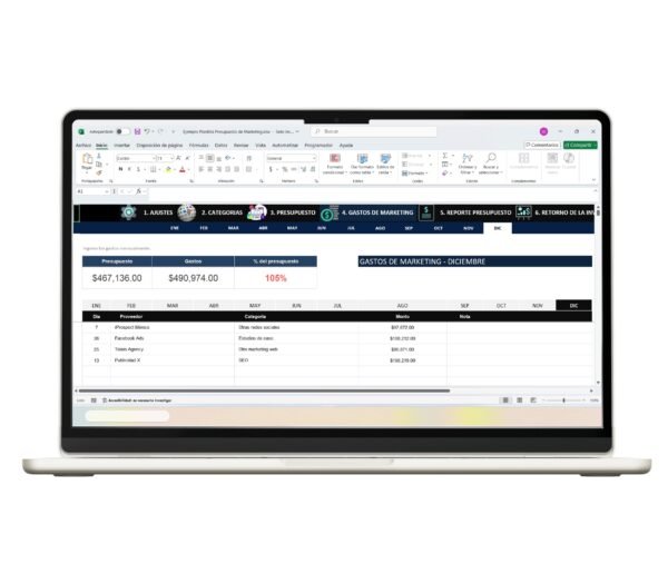 Presupuesto en Excel para marketing con control de costos y métricas
