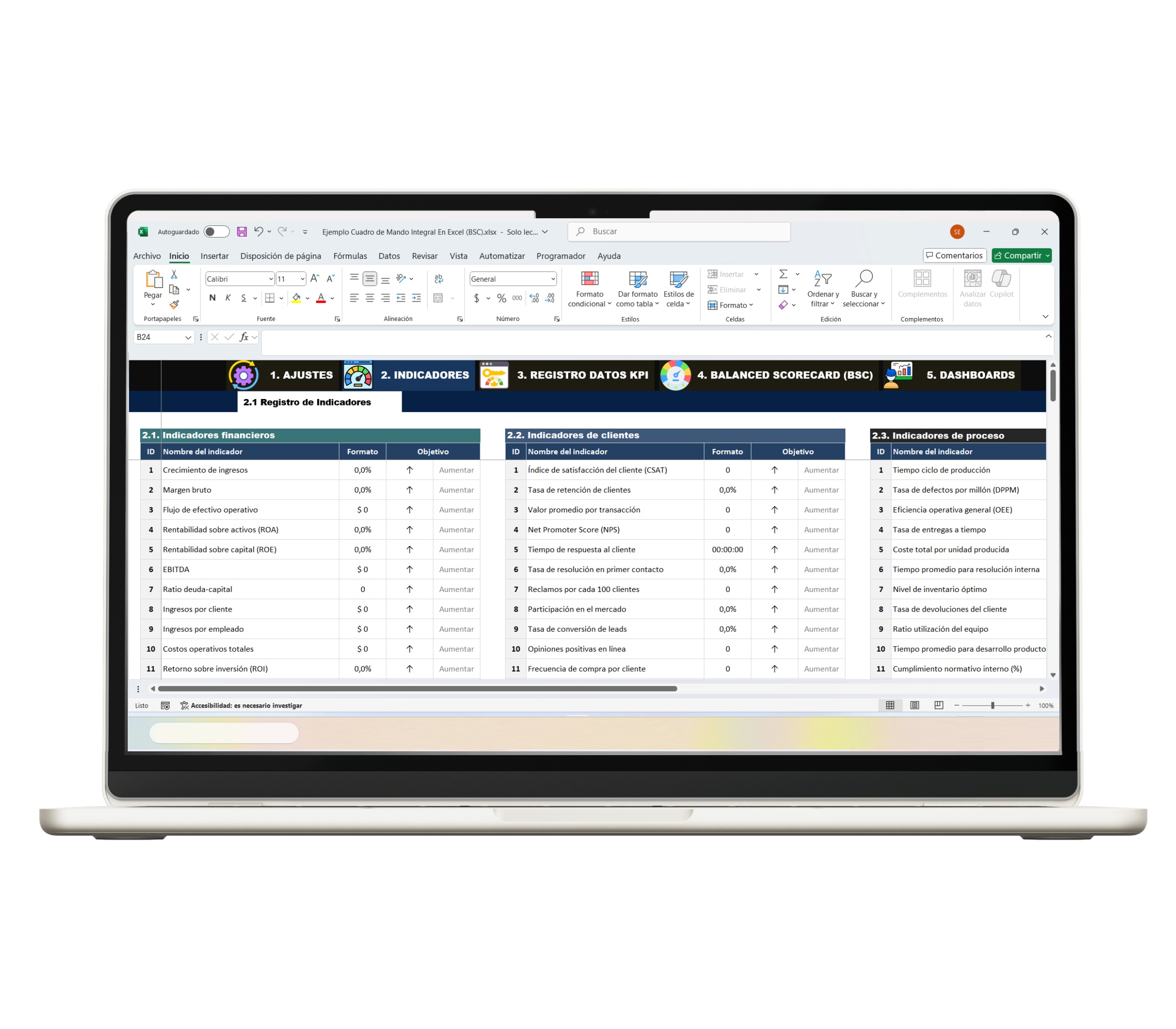 Dashboard de Cuadro de Mando en Excel para BSC