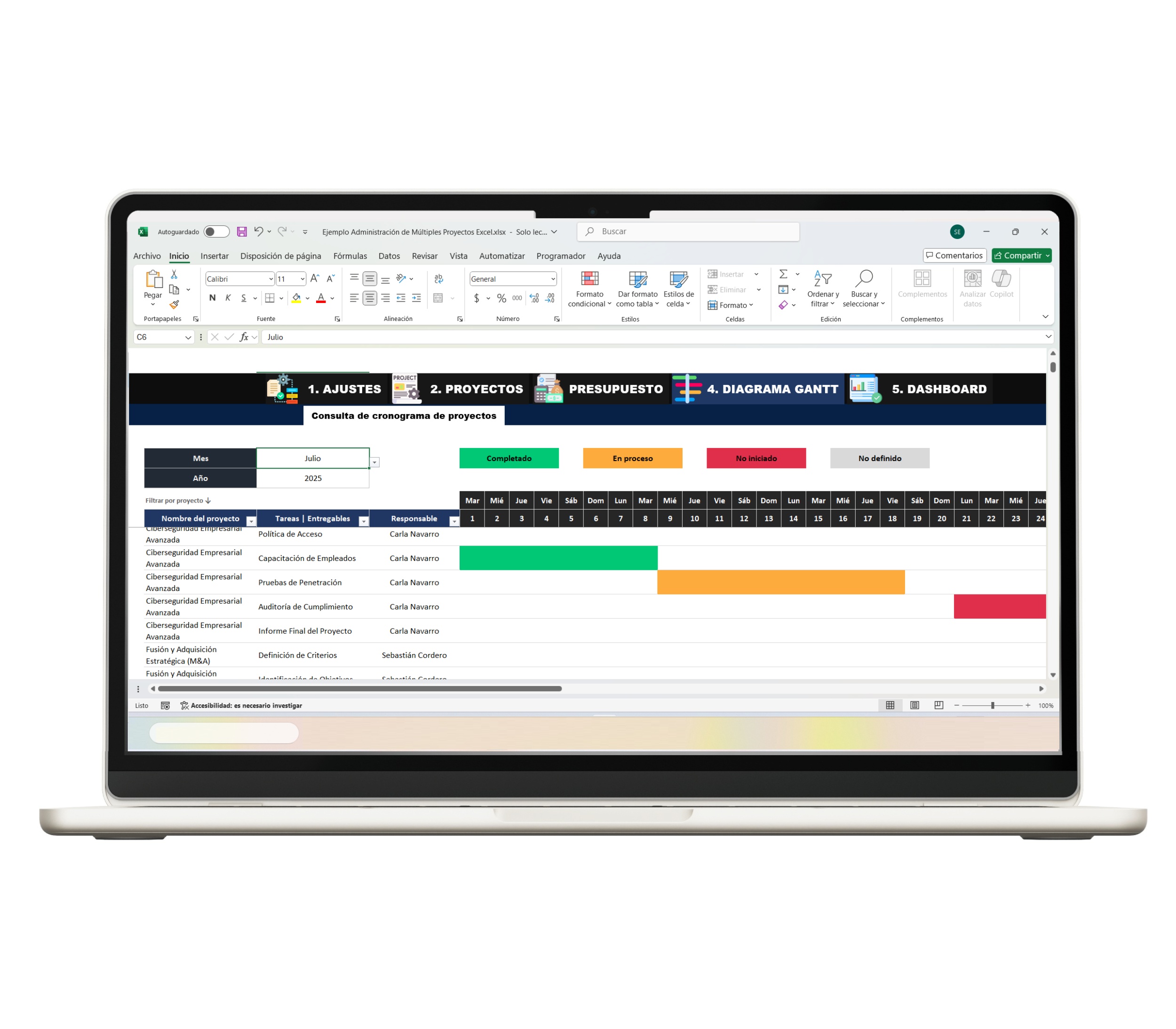 Plantilla de Excel enfocada en administración y control de proyectos