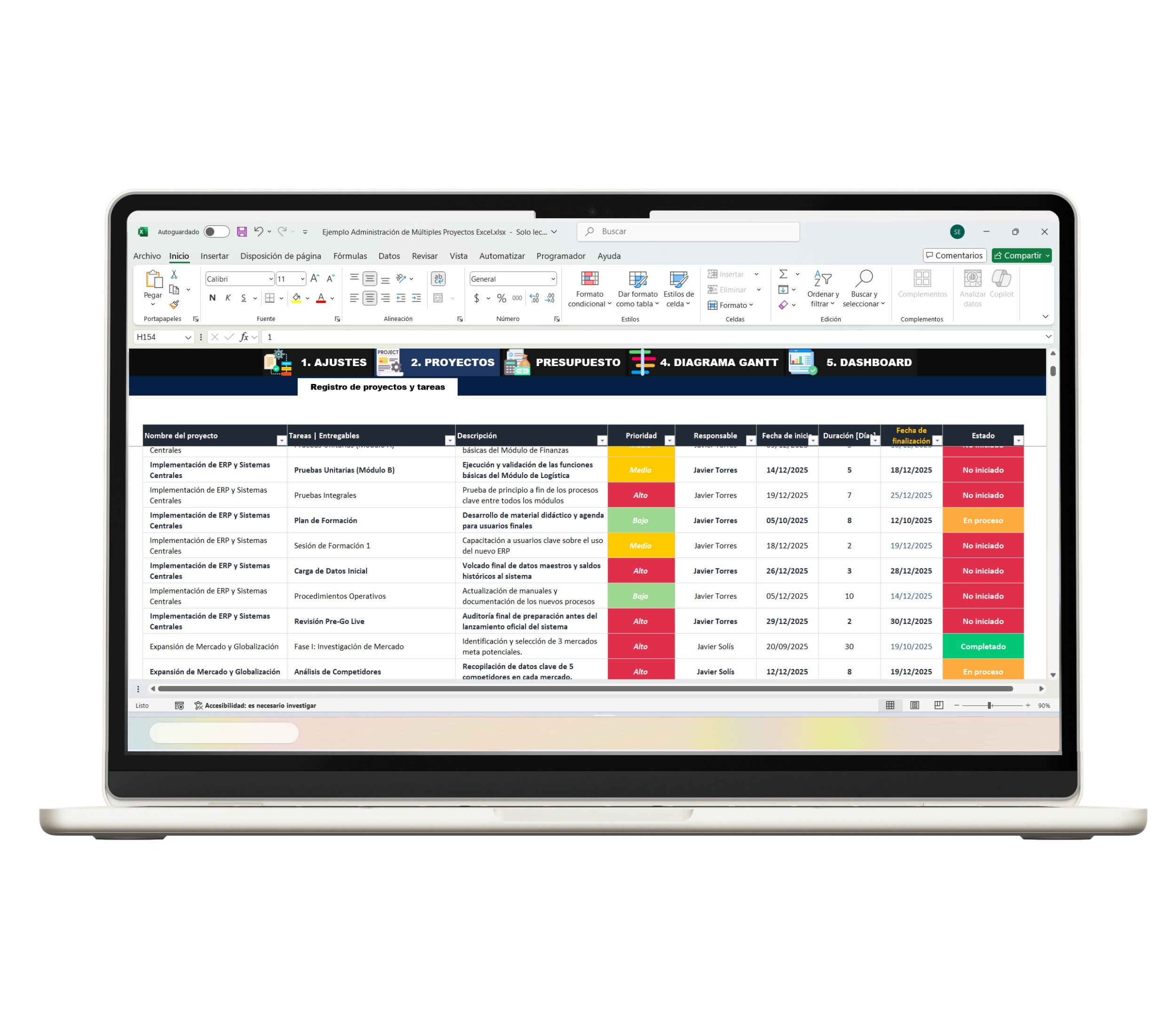 Plantilla en Excel para administración de varios proyectos empresariales