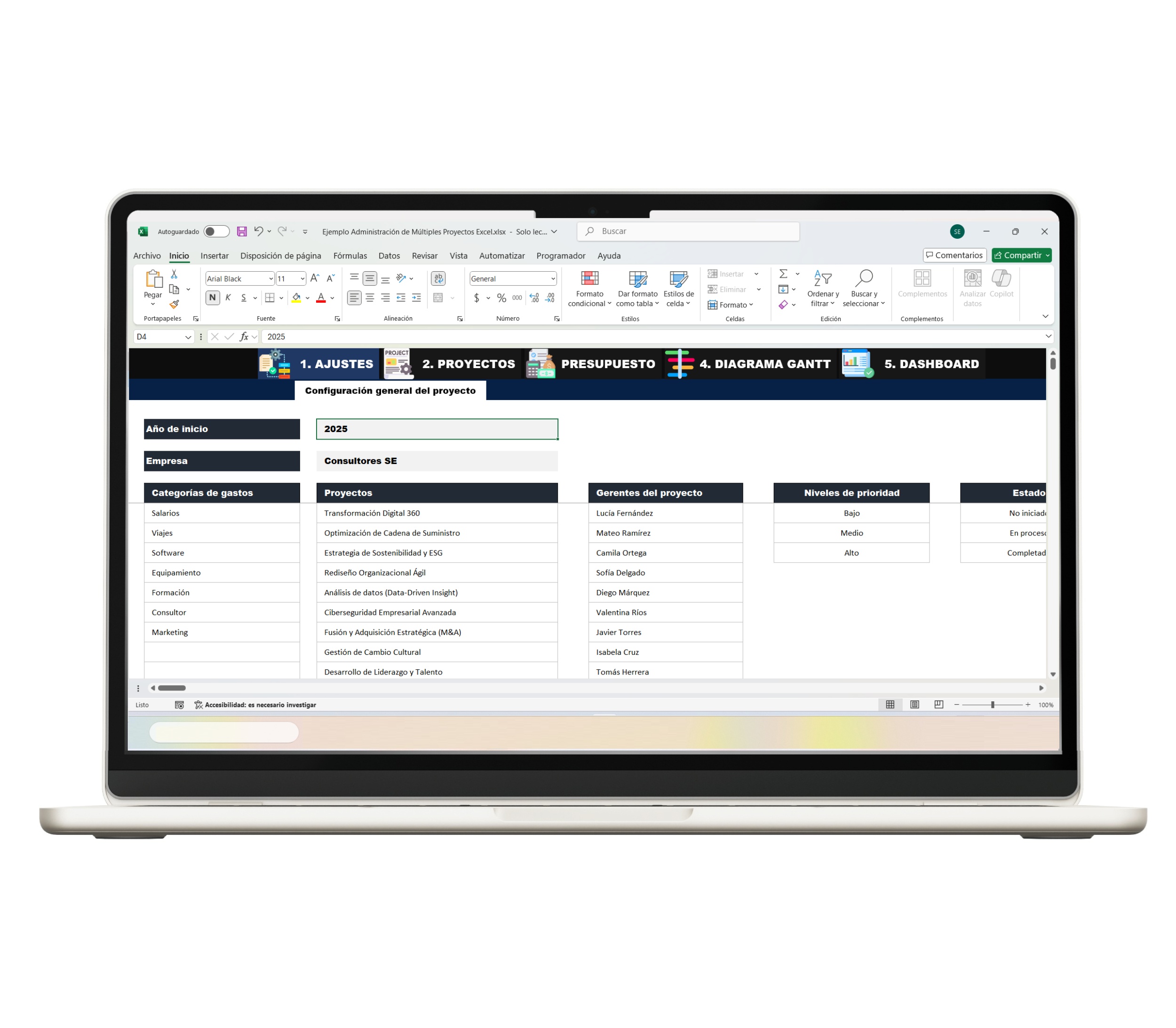 Dashboard en Excel para administración de múltiples proyectos