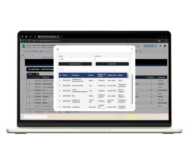 Registro de entradas y salidas en hoja de Google Sheets