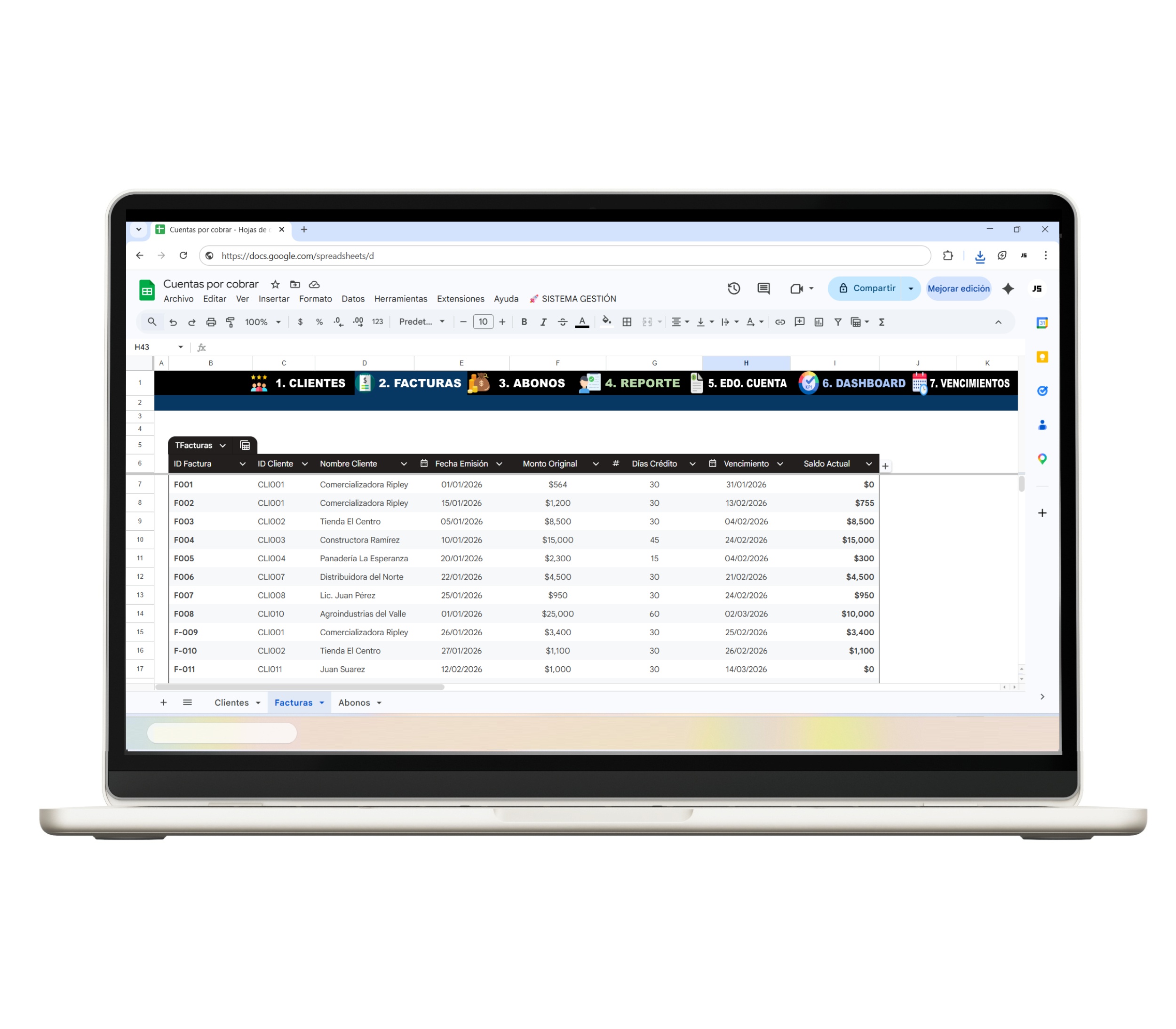 Control financiero de cuentas por cobrar en Sheets