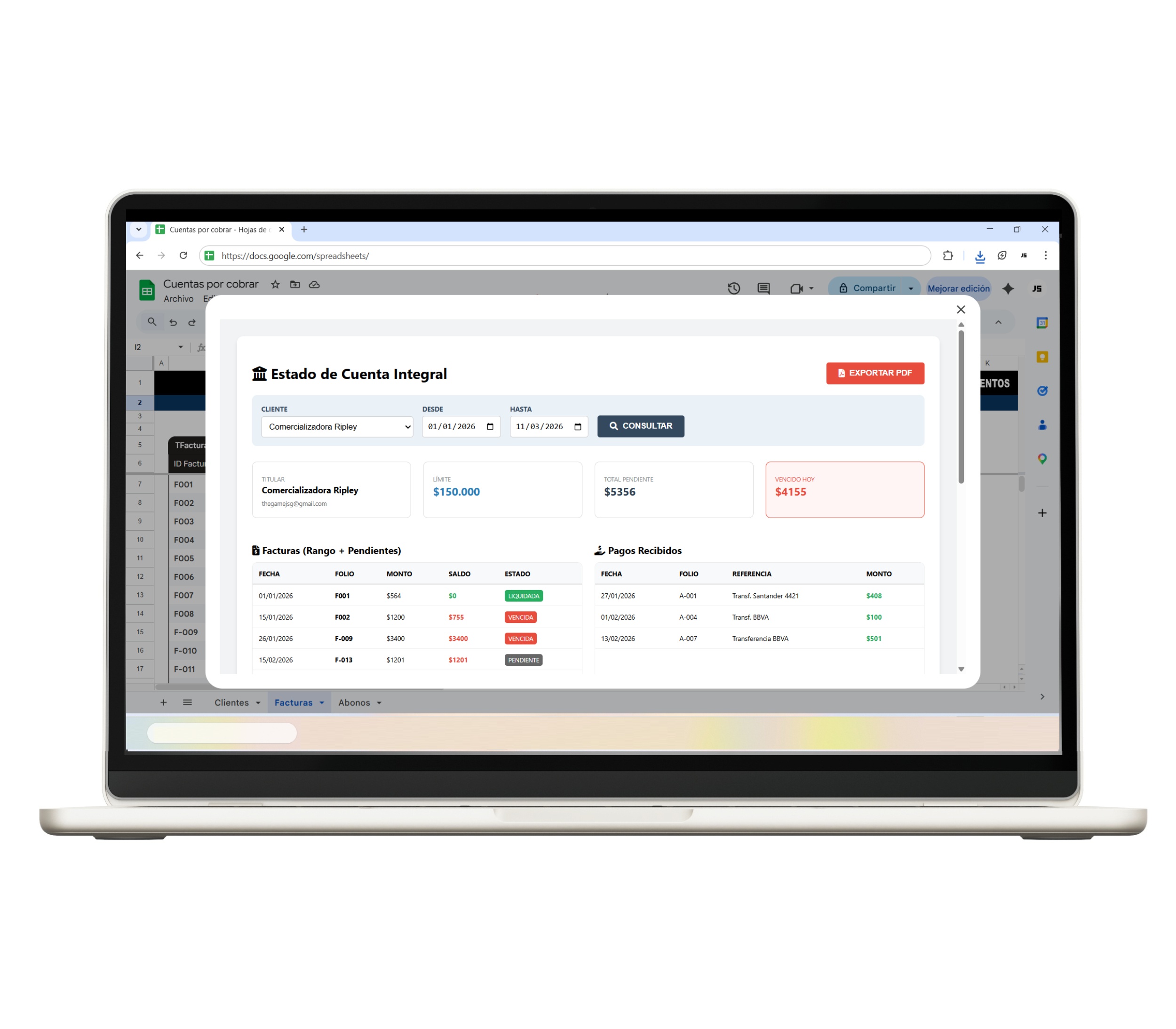 Plantilla cuentas por cobrar en Google Sheets con panel