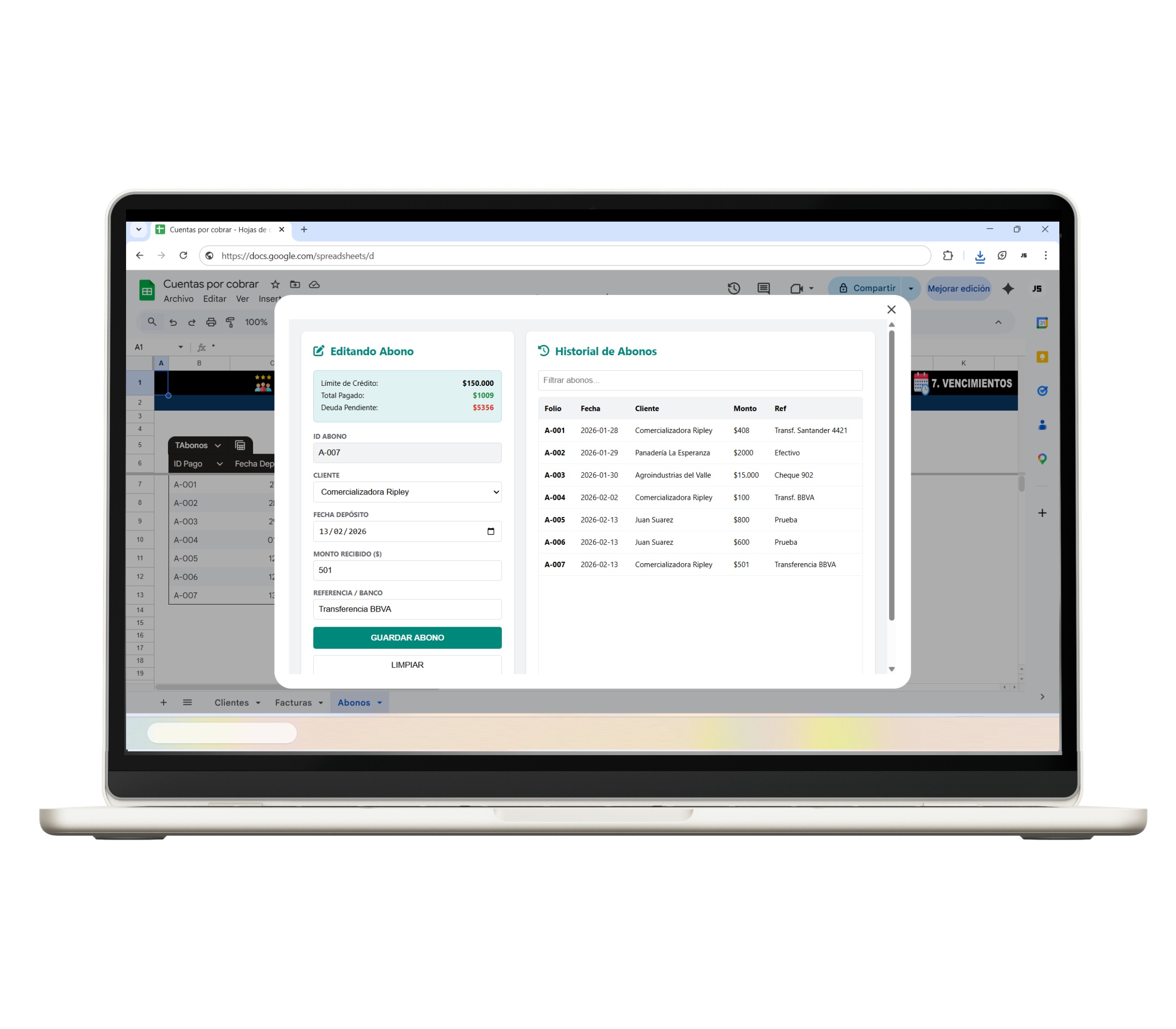 Seguimiento de cuentas por cobrar en Google Sheets