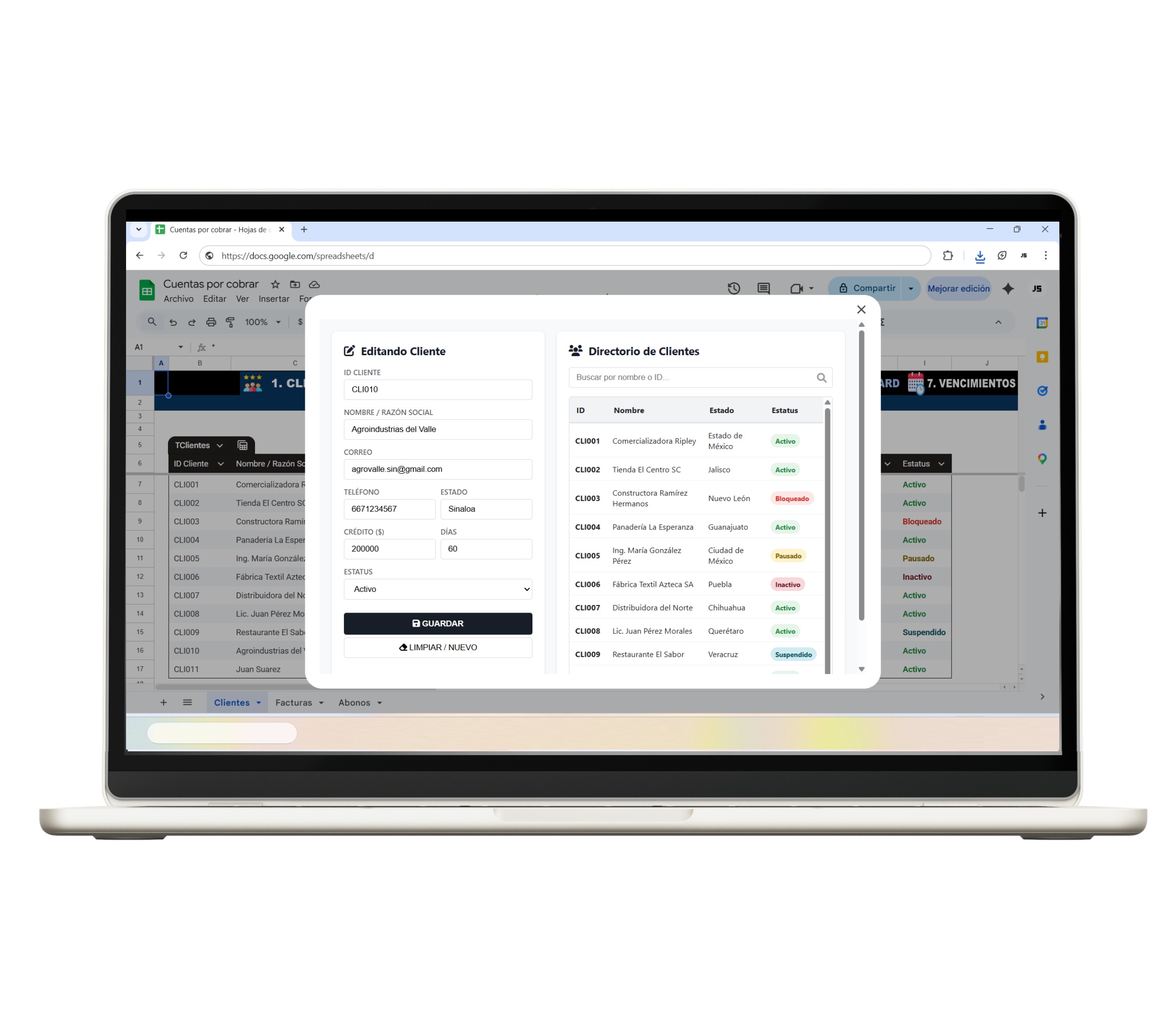 Dashboard de cuentas por cobrar creado en Google Sheets