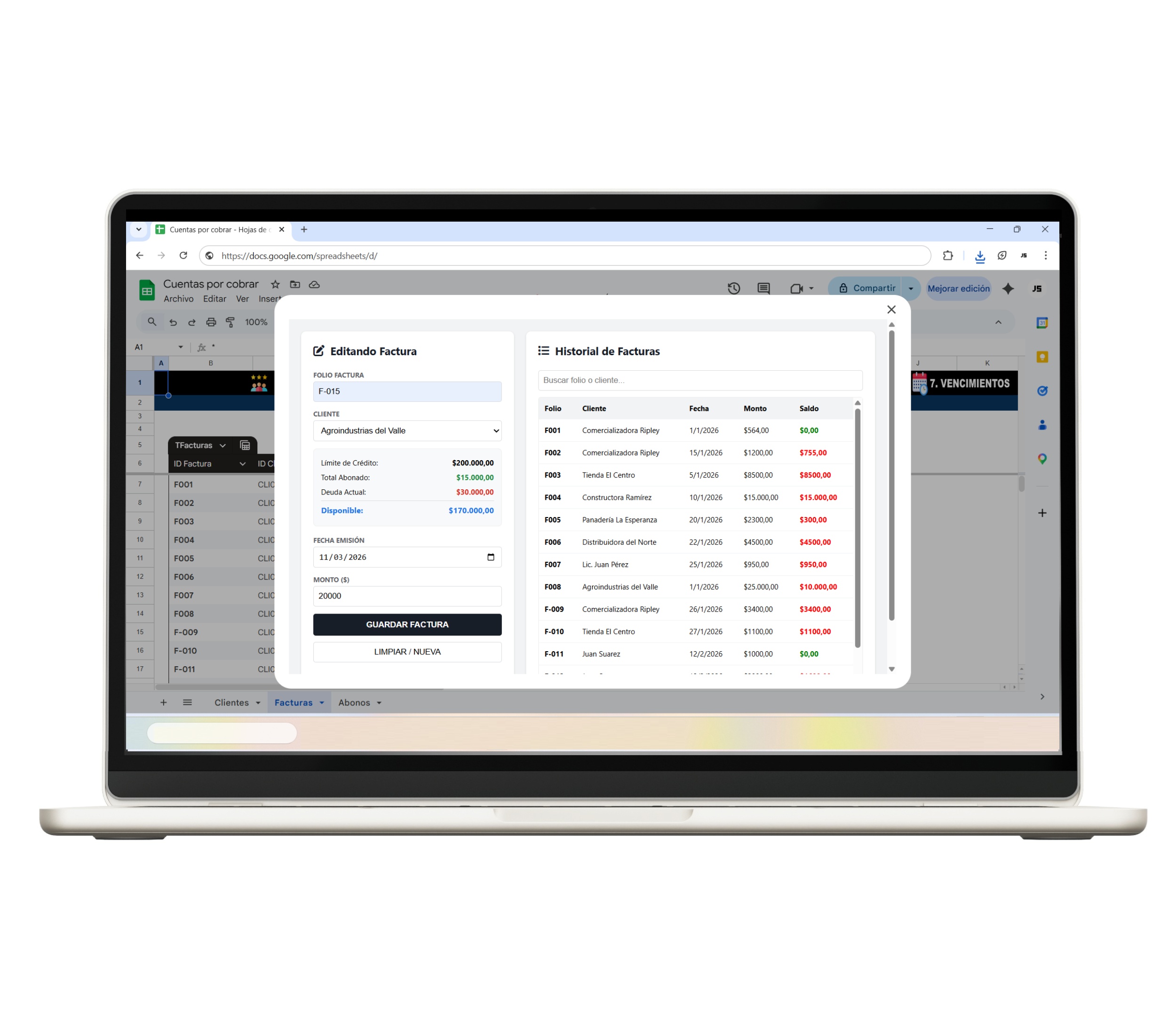 Registro de cuentas por cobrar para clientes en Sheets