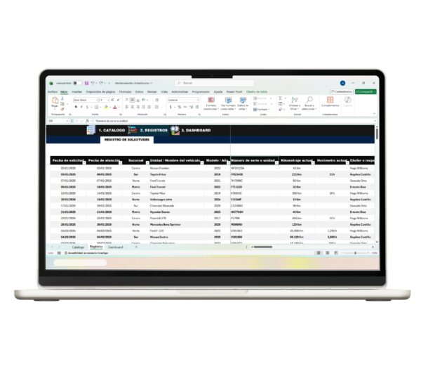 Registro de mantenimiento vehicular en Excel con control de fechas y costos