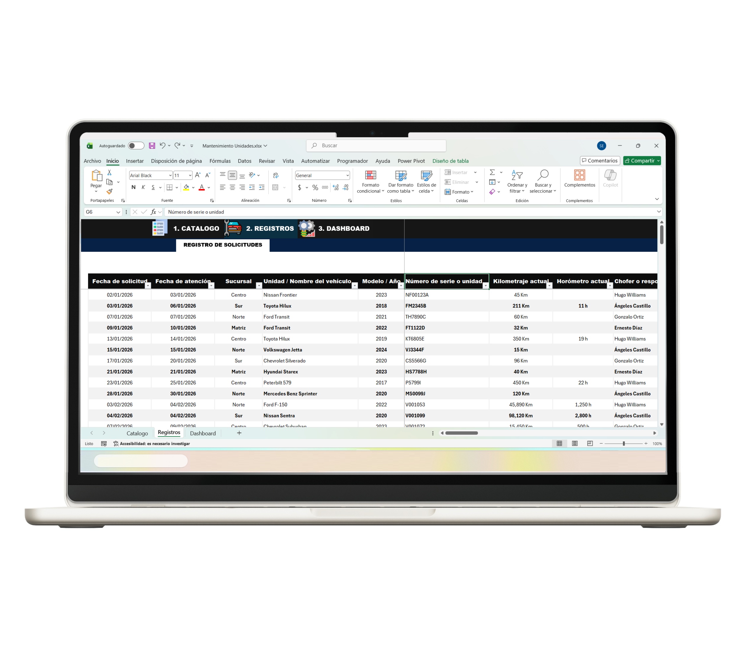 Registro de mantenimiento vehicular en Excel con control de fechas y costos