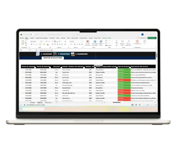 Gestión de flota vehicular en Excel con control de mantenimiento preventivo