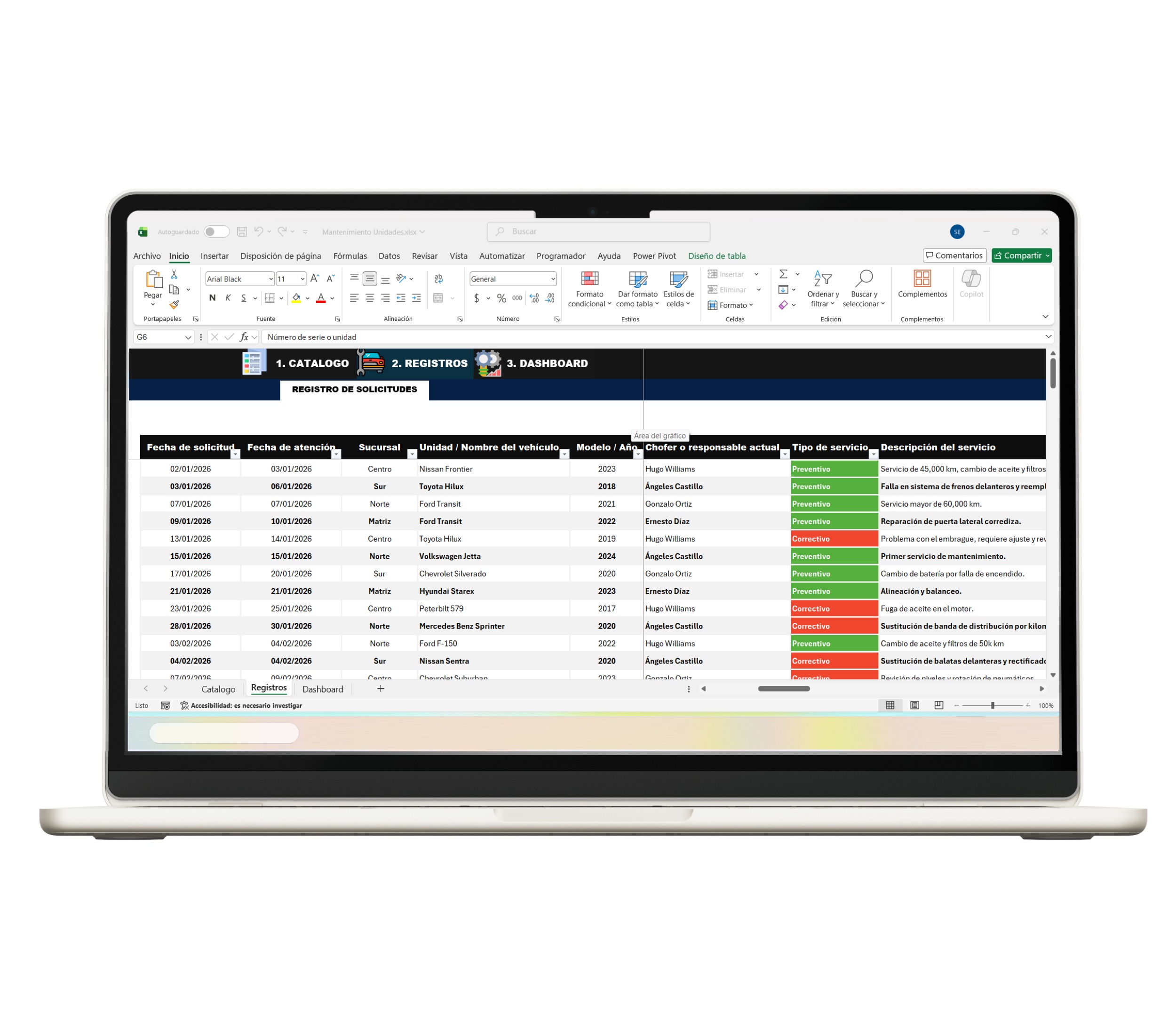 Gestión de flota vehicular en Excel con control de mantenimiento preventivo