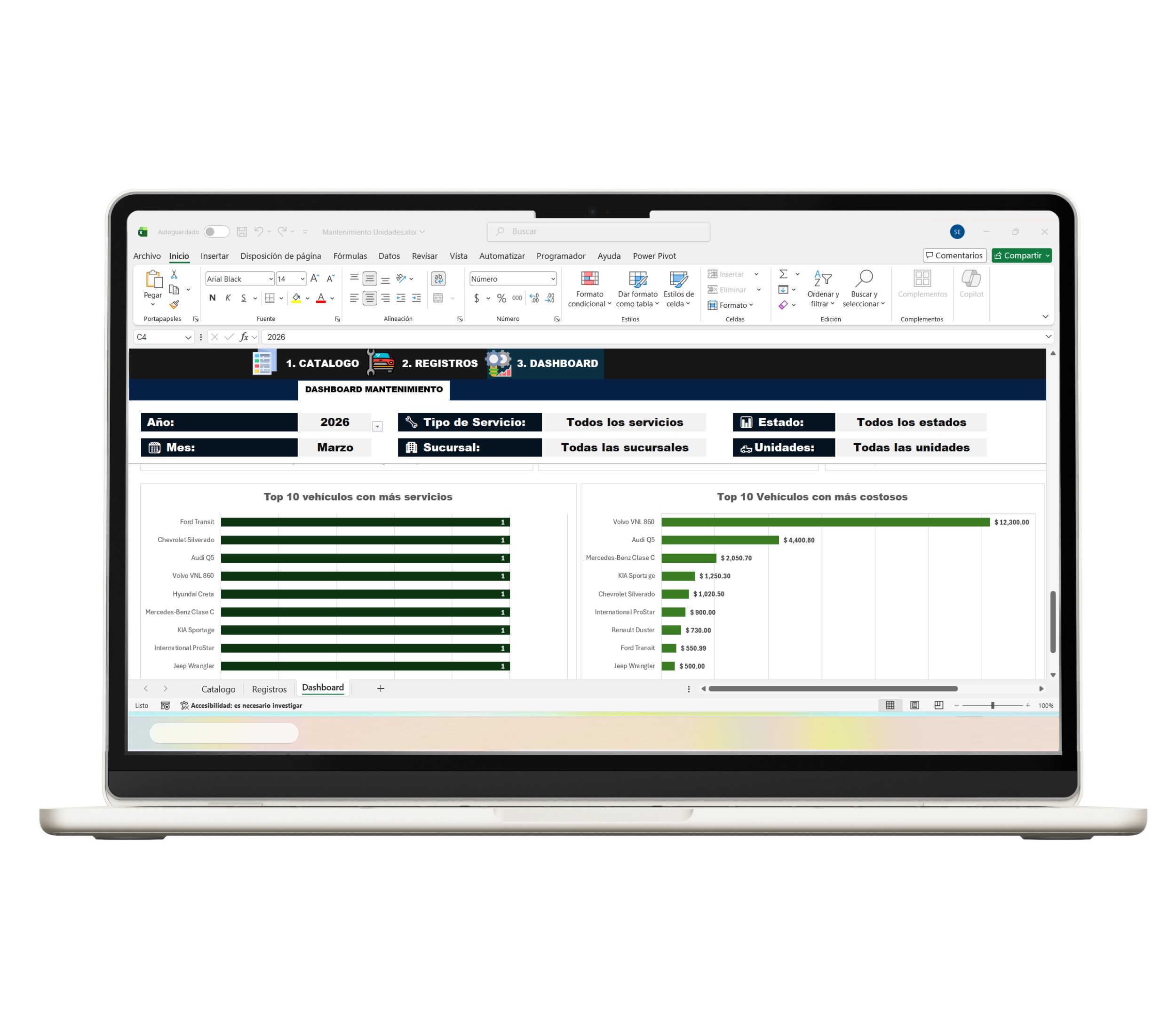 Sistema de mantenimiento de flota vehicular en Excel con historial de servicios