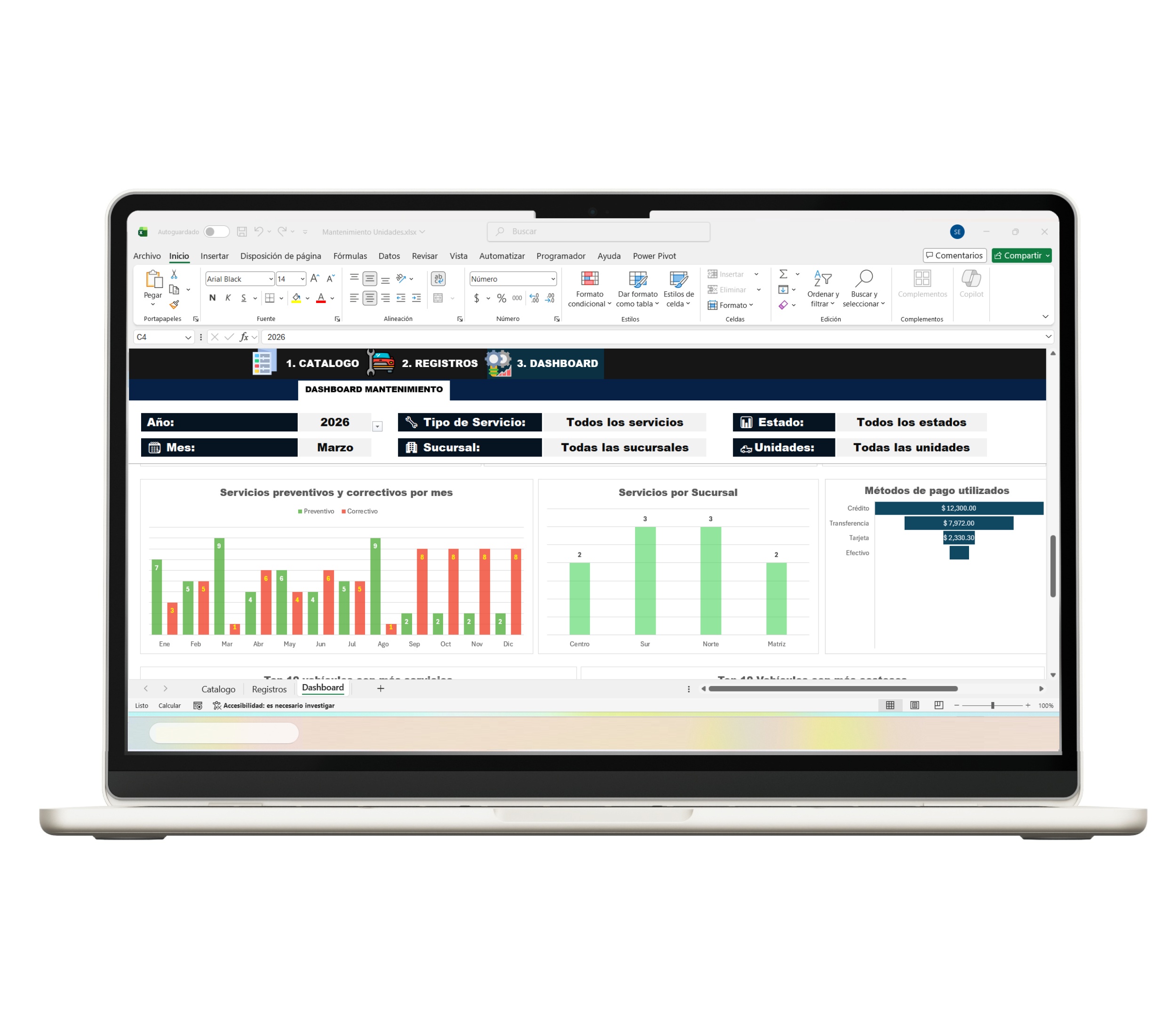 Dashboard de mantenimiento de flota en Excel con métricas operativas