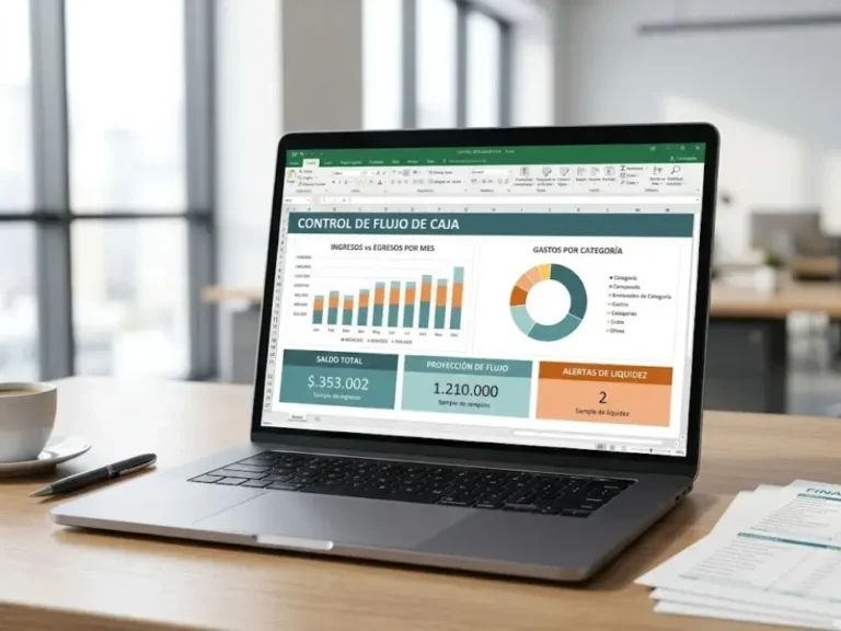 Esta imagen es una fotografía de alta resolución de una computadora portátil en un escritorio de madera limpio. La pantalla muestra la detallada interfaz de Excel completa de flujo de caja en Excel