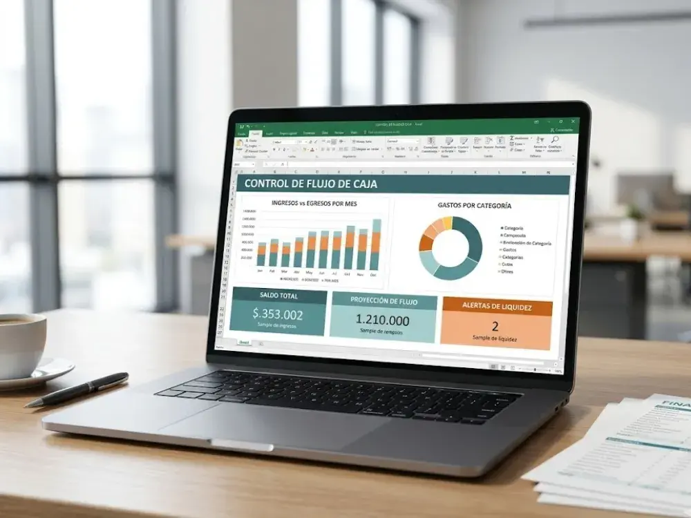 Esta imagen es una fotografía de alta resolución de una computadora portátil en un escritorio de madera limpio. La pantalla muestra la detallada interfaz de Excel completa de flujo de caja en Excel