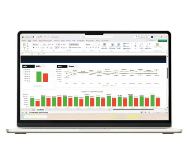 dashboard-gratis-en-excel-analisis-financiero-2 Panel financiero que muestra la tendencia de ingresos vs gastos en Excel