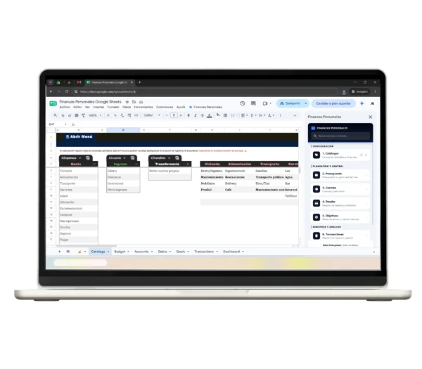 finanzas-personales-google-sheets-catalogo-financieros-8 Catalogo para control mensual de ingresos y gastos en una plantilla de finanzas personales de Google Sheets.