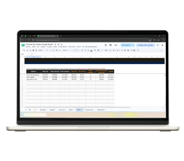 finanzas-personales-google-sheets-metas-ahorro-5 Seguimiento de ahorros y metas financieras en una plantilla de Google Sheets.