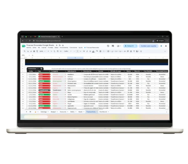 finanzas-personales-google-sheets-registro-mensual-4 Registro diario de gastos personales en una hoja de cálculo de Google Sheets.