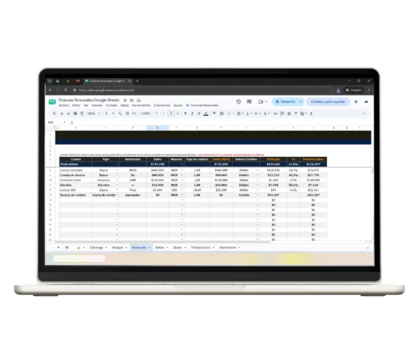 plantilla-finanzas-personales-google-sheets-cuentas-financiero-6 Control de deudas y pagos pendientes en una plantilla de finanzas personales.